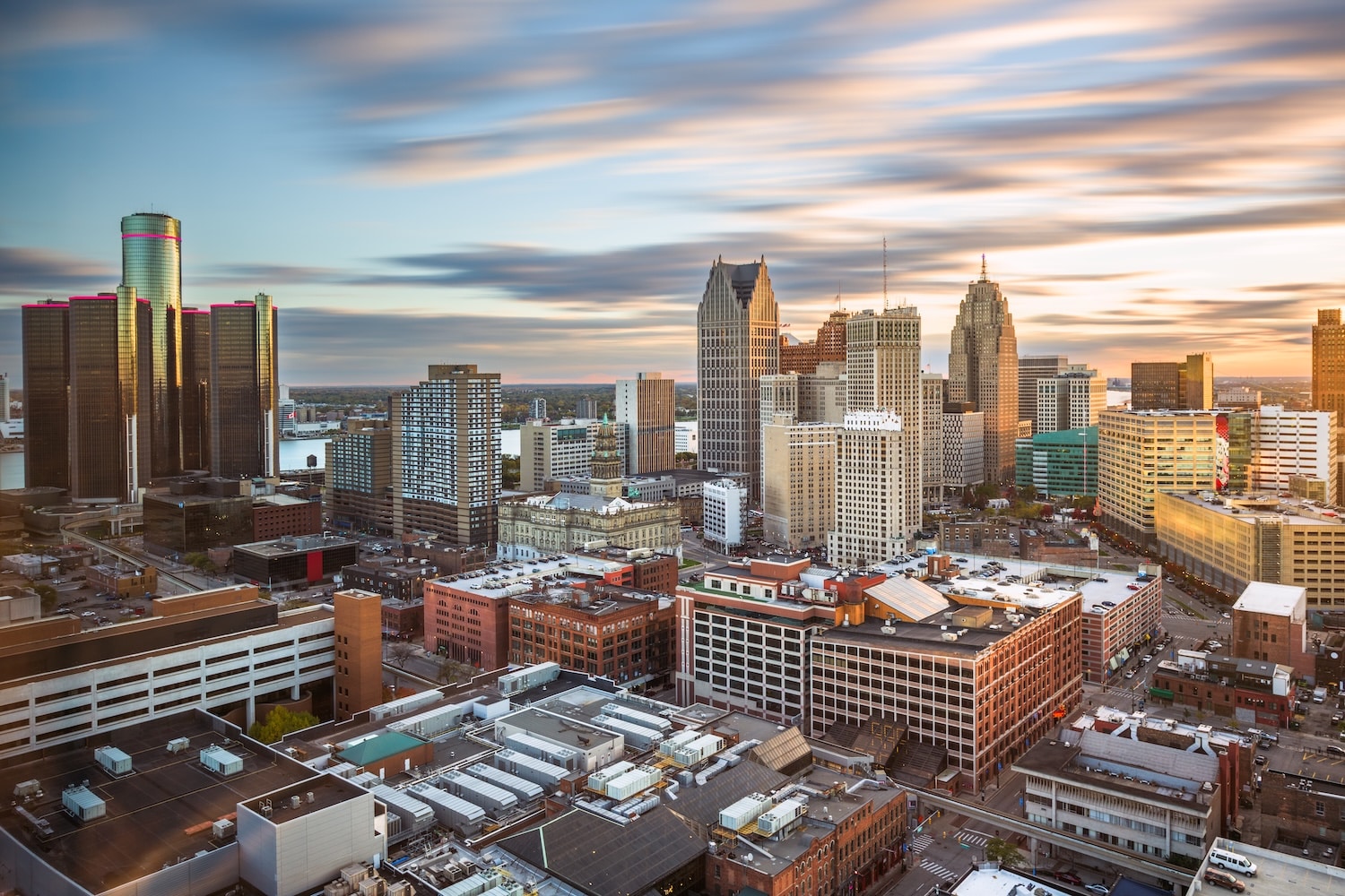 Detroit, Michigan downtown skyline from above at dawn Home inspection detroit mi