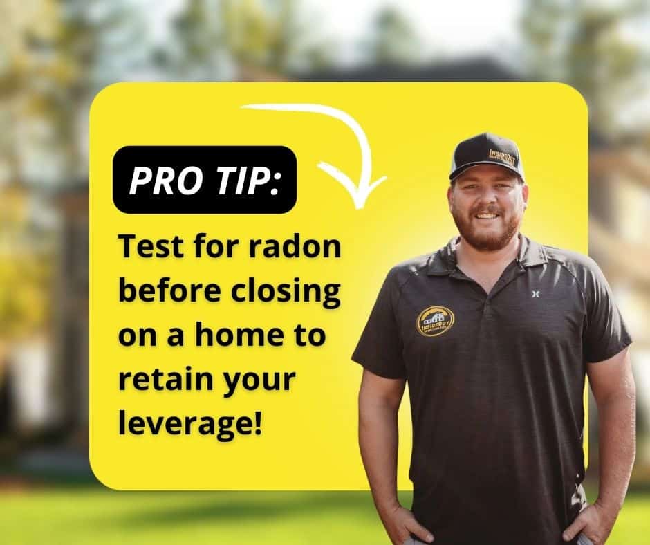 A smiling home inspector standing beside a "Pro Tip" graphic advising to test for radon before closing to retain leverage.