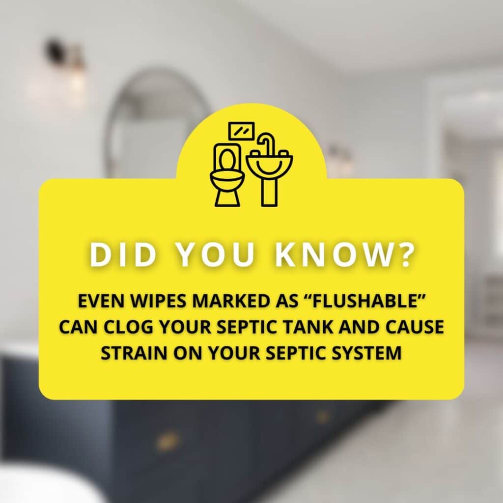 A yellow "Did You Know?" graphic over a blurred bathroom background stating that even wipes marked as "flushable" can clog septic tanks and strain the system.