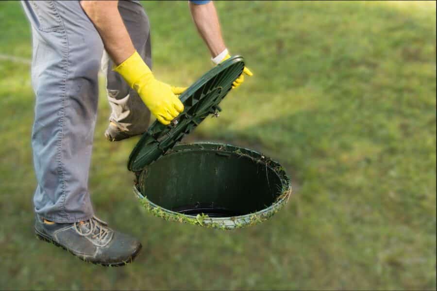 A worker wearing yellow protective gloves lifts the green lid of an underground septic tank in a grassy lawn.