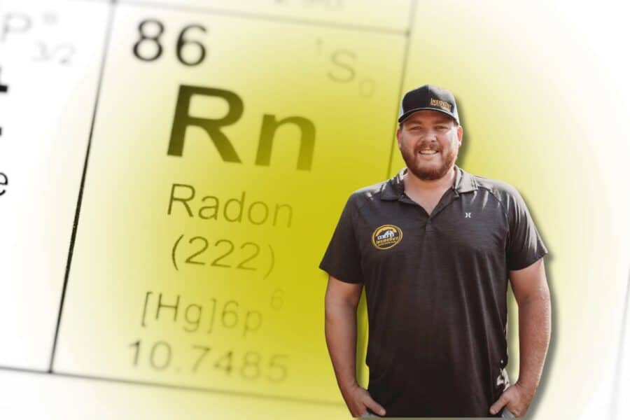 Graphic titled "Continuous Radon Monitor" featuring a digital radon testing device displaying radon readings on its screen.