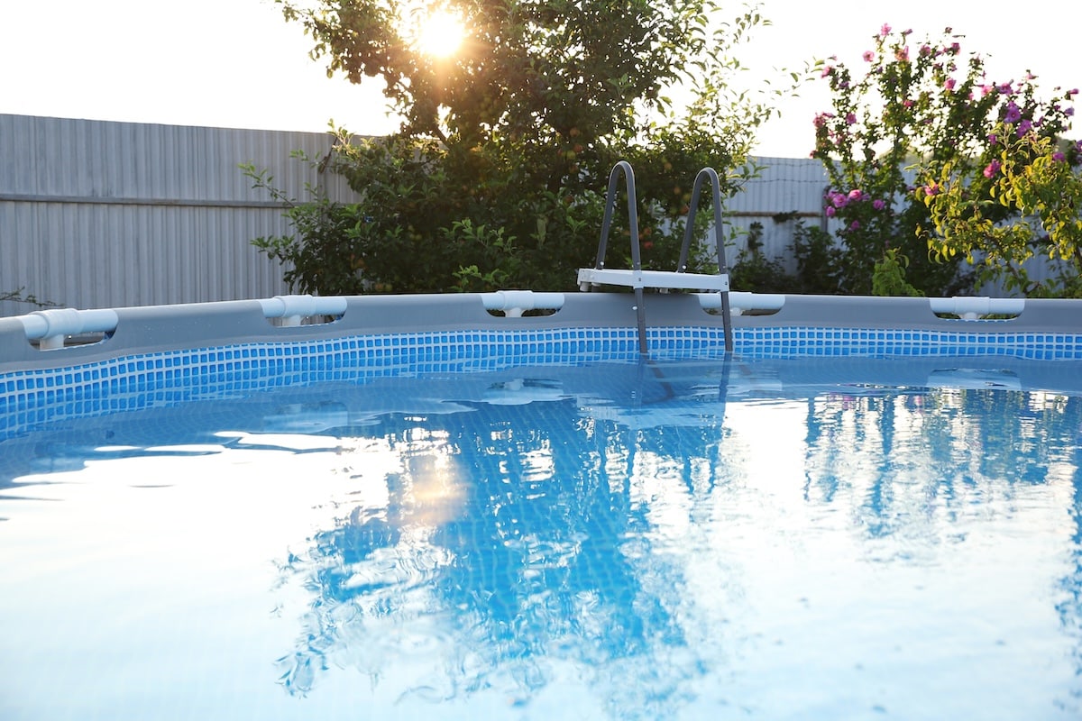 Sunlight reflecting off the clear blue water of an above-ground swimming pool with a pool ladder, set in a backyard garden.