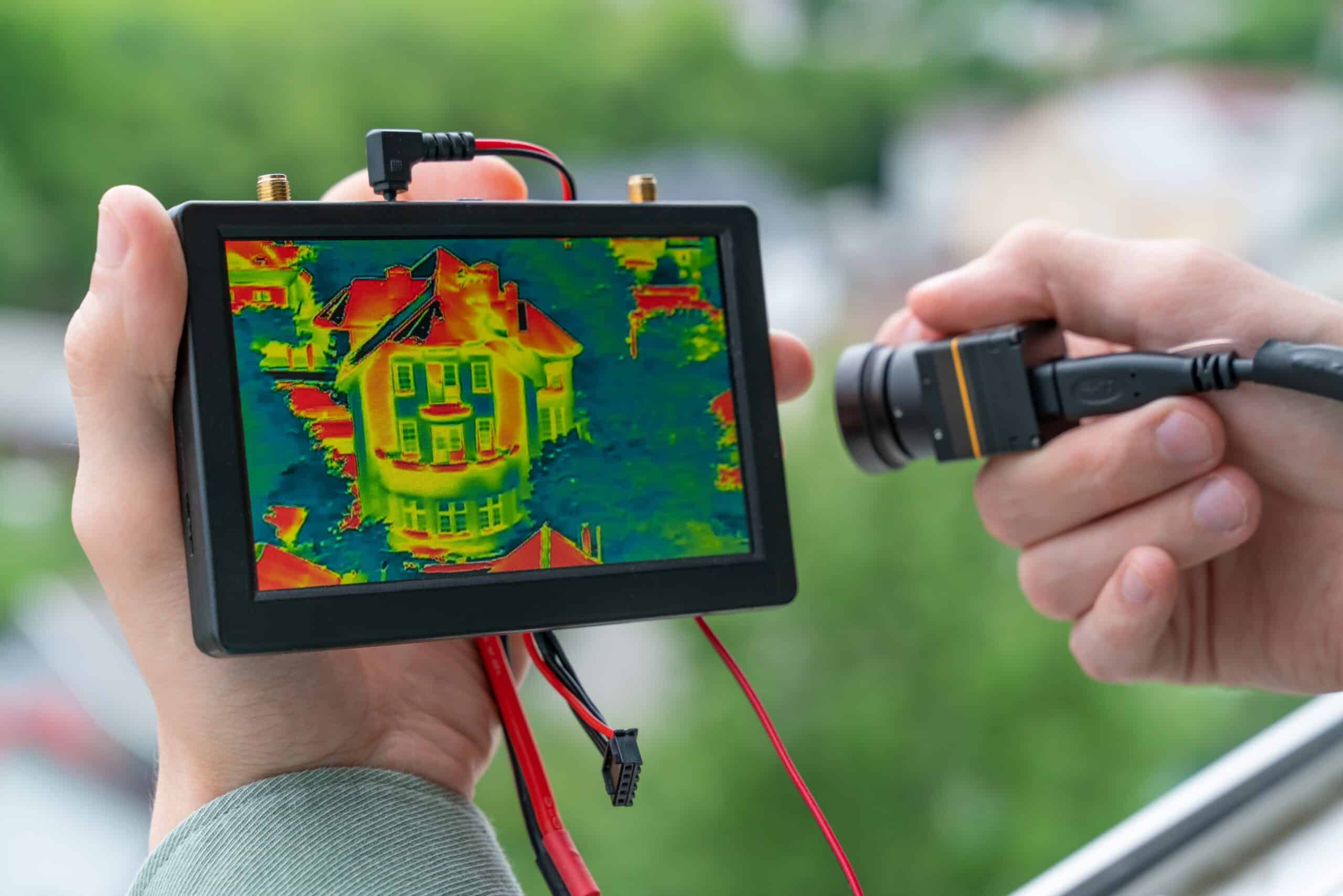 A commercial inspector holding a handheld monitor that displays a colorful thermal heat map scan of a house captured by a small camera module.